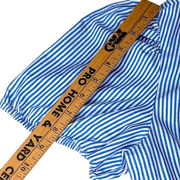 J. Crew Poplin Puff Sleeve Blue Striped Tiered Midi Ruffle Dress Size 4 GUC! - Picture 12 of 16